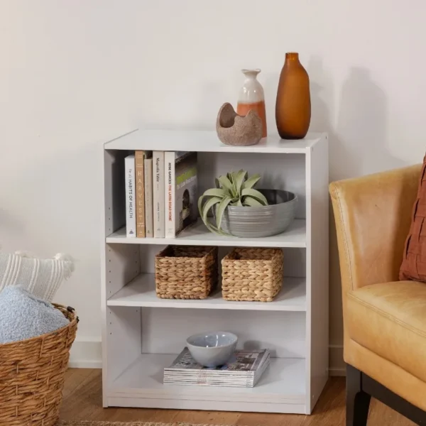 3-Shelf Bookcase with Adjustable Shelves, White/Solid Wood/Closed Back/Display Bookshelf for Living Room, Bedroom, - Image 4