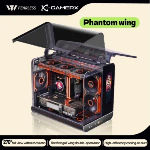 PowerTrain X-GAMERX Phantom Wings LCD Edition Black Seaview Room Case MATX Vertical Desktop Computer 360 Water-cooling Host