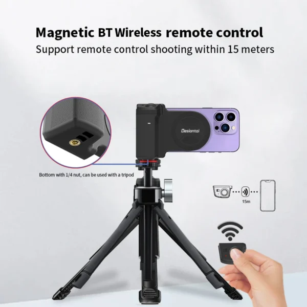Magnetic Selfie Phone Tripod Mount Bluetooth-Compatible Phone Camera Grip Handle Holder for iPhone 15/14 Samsung Video Shooting - Image 2