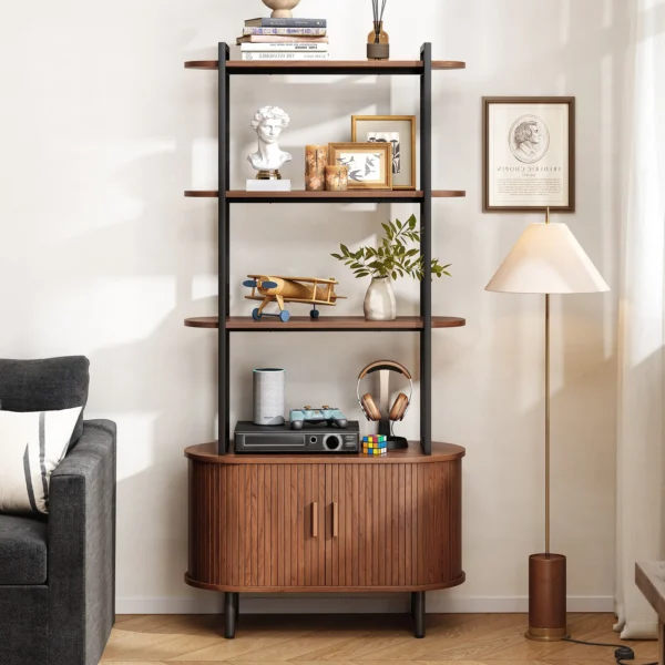 71" Tall Bookshelf,4-Tier Book Shelf with Storage Cabinet,Modern Bookcase with Sliding Door & Adjustable Footpad - Image 3
