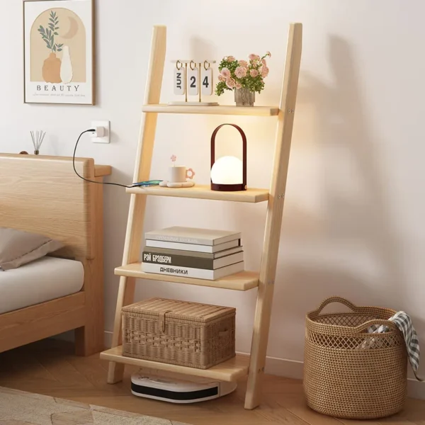 ‌Solid Wood Wall Shelf, Creative Ladder Bookcase, Heavy-Duty Floor Storage Rack, Minimalist Shelving Unit for Balcony Study - Image 2