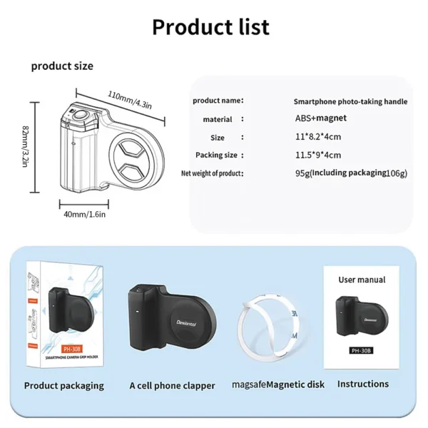 Magnetic Selfie Phone Tripod Mount with Detachable Remote Shutter Bluetooth-Compatible Tripod Adapter Grip Holder Camera Handle - Image 4