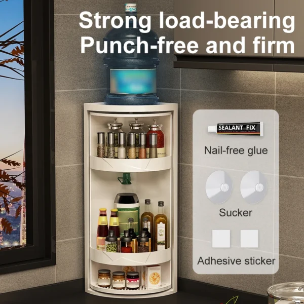 Kitchen Rotating Storage Rack Corner Shelf 360° Rotateable Household Layered Adjustable Shelf Organizer Spice Cans Bottle Holder - Image 3