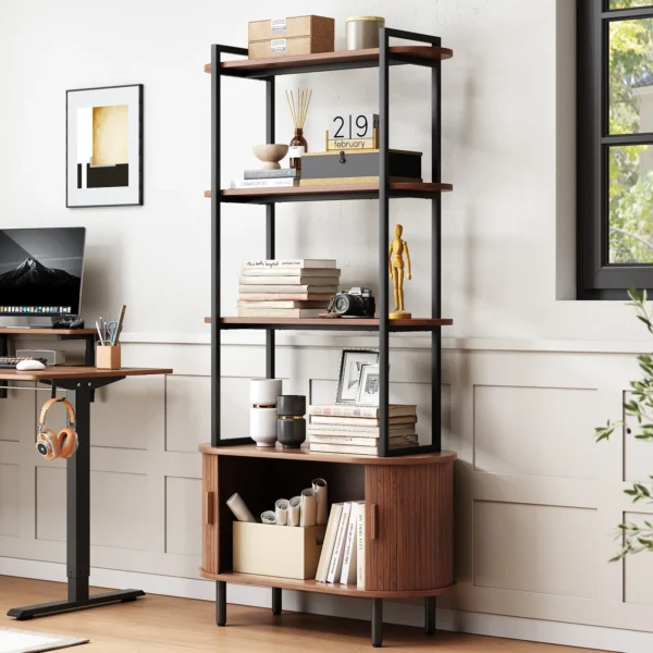 71" Tall Bookshelf,4-Tier Book Shelf with Storage Cabinet,Modern Bookcase with Sliding Door & Adjustable Footpad - Image 6