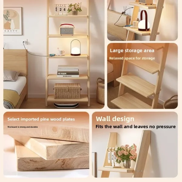 ‌Solid Wood Wall Shelf, Creative Ladder Bookcase, Heavy-Duty Floor Storage Rack, Minimalist Shelving Unit for Balcony Study - Image 6