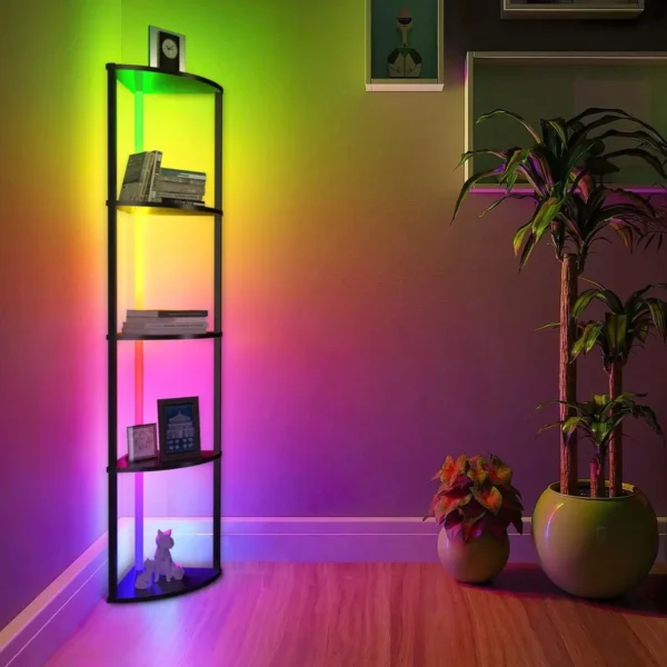 Corner Shelf Bookshelf with RGB LED Lights, 5-Tier Corner Bookshelf Organizer, 64" Corner Cabinet Wood Display Shelf - Image 3