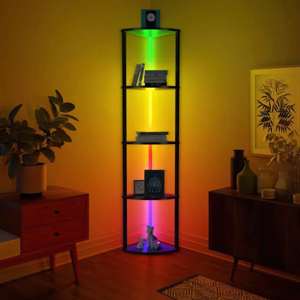 Corner Shelf Bookshelf with RGB LED Lights, 5-Tier Corner Bookshelf Organizer, 64" Corner Cabinet Wood Display Shelf - Image 2