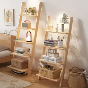 ‌Solid Wood Wall Shelf, Creative Ladder Bookcase, Heavy-Duty Floor Storage Rack, Minimalist Shelving Unit for Balcony Study