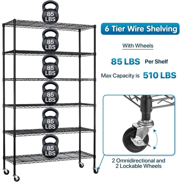 Storage Shelves Metal Shelf Wire Shelving Unit with Wheels 6 Tier NSF Certification Adjustable Garage Shelving Utility Steel - Image 3