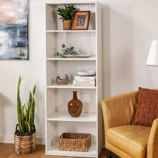 5-Shelf Bookcase with Adjustable Shelves,Solid Wood/Closed Back/Display Bookshelf for Living Room,Bedroom,Home and Office,White - Image 3
