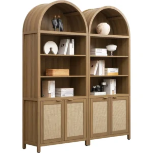 Book Shelf Arched Cabinet Bookshelf Arch 84.2" Tall Bookcase 5 Tier Large Bookshelves with Doors Storage Rattan Boho Wide Book