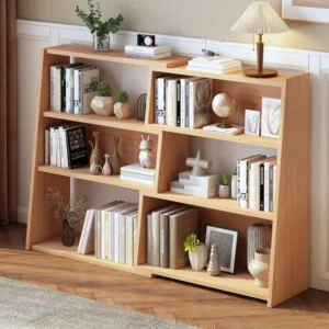 Wooden Extendable Shelf Bookcase -for Small Space or Corner, Oak, 3-Tier Ladder Low Short Bookshelf