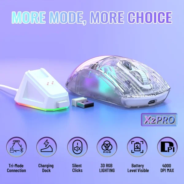 ATTACK SHARK X2Pro Wireless Gaming Mouse with RGB Charging Dock,Tri-Mode Mute Mouse RGB Backlit,Transparent Shell,PixArt 3212 - Image 2