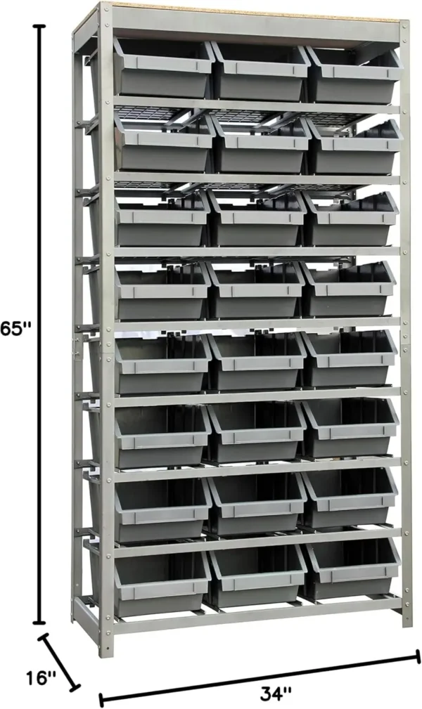 King's Rack Bin Rack Storage System Heavy Duty Steel Rack Organizer Shelving Unit w/ 24 Plastic Bins in 8 Tiers - Image 2