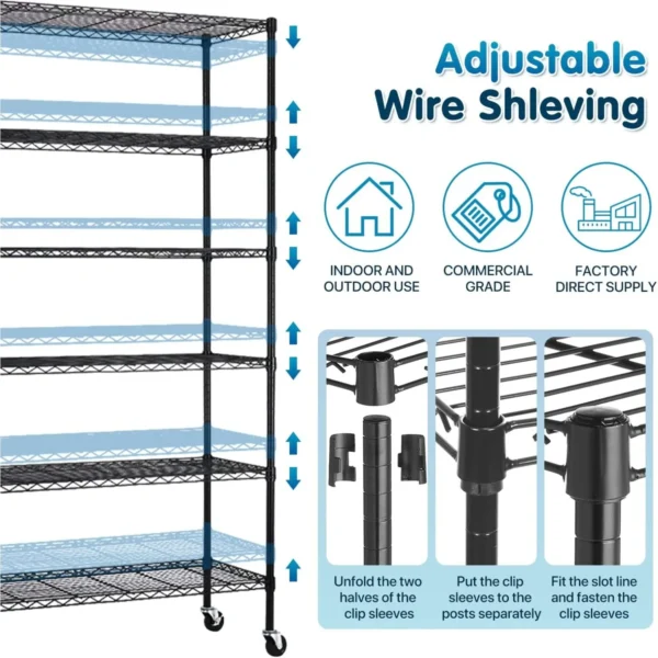 Storage Shelves Metal Shelf Wire Shelving Unit with Wheels 6 Tier NSF Certification Adjustable Garage Shelving Utility Steel - Image 4