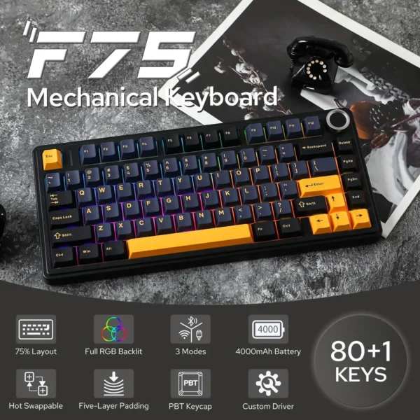 AULA F75 75% Wireless Mechanical Keyboard Gasket Hot Swappable Custom Keyboard RGB Backlit Gaming Keyboard 2.4G/Bluetooth/Wired
