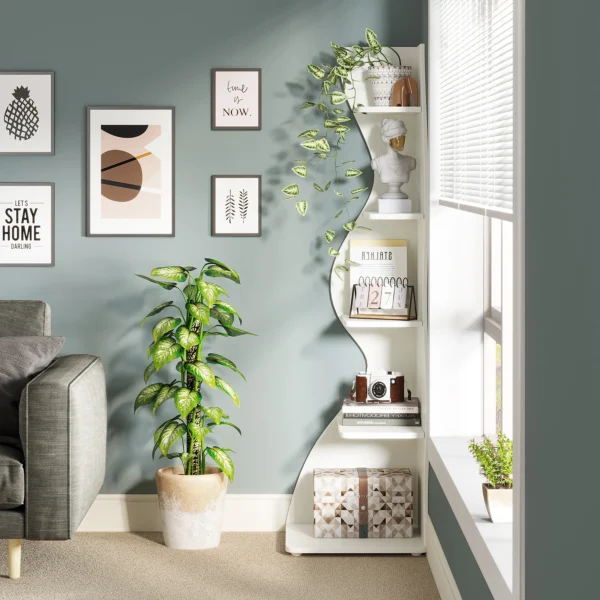 Tribesigns Corner Shelf, Modern 5-Tier Wall Corner Bookshelf, Stylish Corner Small Bookcase Storage Rack Plant Stand - Image 2