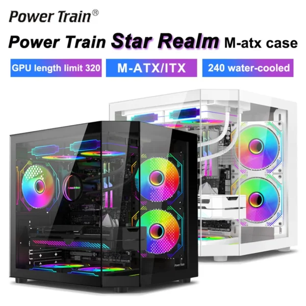 Power Train Star Realm M-ATX Desktop Case Three Sided Glass Panoramic Sea View Room Without Pillars 240 Water Cooling PC Chassis - Image 2