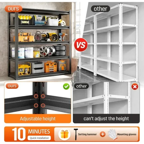 Garage Shelving Unit, Garage Storage Shelves 3000LBS Heavy Duty Shelving, Adjustable 5 Tier Metal Shelving Utility Shelf, - Image 6